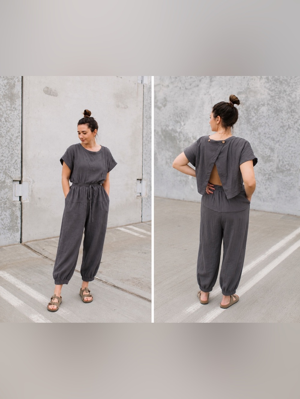 NWT &Merci Charcoal Gray Gauze Jumpsuit Open Back Boho Lounge Romper Women’s